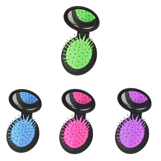 Portable Folding Travel Makeup Soft Scalp Hair Brush Massager Comb with Mirror