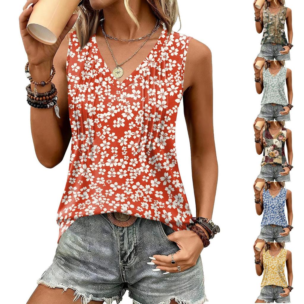 Women's Loose Fit V Neck Sleeveless Tank Top with Pleated Design Floral Print Casual Summer Blouse