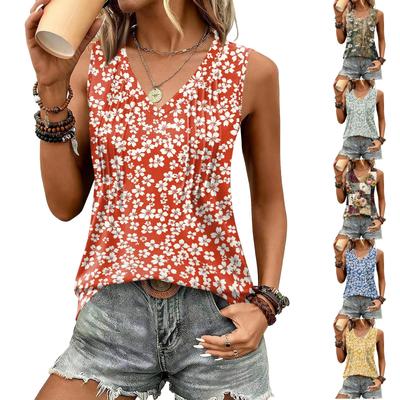Women's Loose Fit V Neck Sleeveless Tank Top with Pleated Design Floral Print Casual Summer Blouse