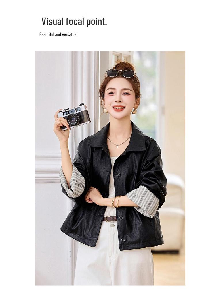Women's Retro High-End Black Leather Jacket with Spliced Cuffs - Spring 2025 Collection (YB8859)