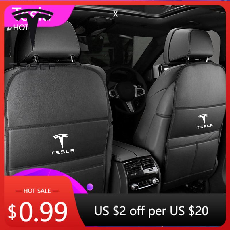 Car Sticker 2025 New Tesla 2Pc Leather Car Seat Back Kick Pad Leather Protector Car Upholstery Auto Accessories For Tesla Model