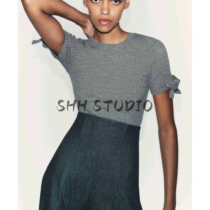 Autumn New Women's Clothing French Lazy Style Bowknot Decoration Ribbed Round Neck Short Sleeve Knitwear 6427118