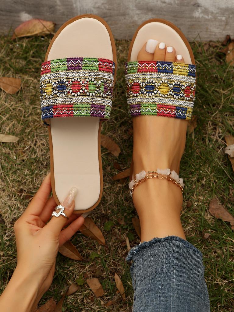 South East Asia Foreign Trade New 2025 Spring and Summer Pearl Cloth Flat Bottom Large Size Casual One Word with Round Head Casual Slippers