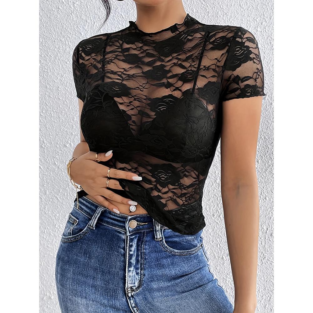 

Women s Lace Top Short Sleeve Crewneck Fitted Mesh Sheer T-Shirt 2XL