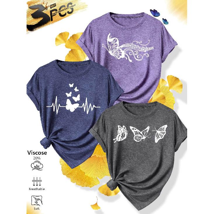 Ladies T Shirt Matching outfits for groups of friends and sisters3Pieces Heartbeat Butterfly Notes Minimalist Hollow White Line Print Elegant retro