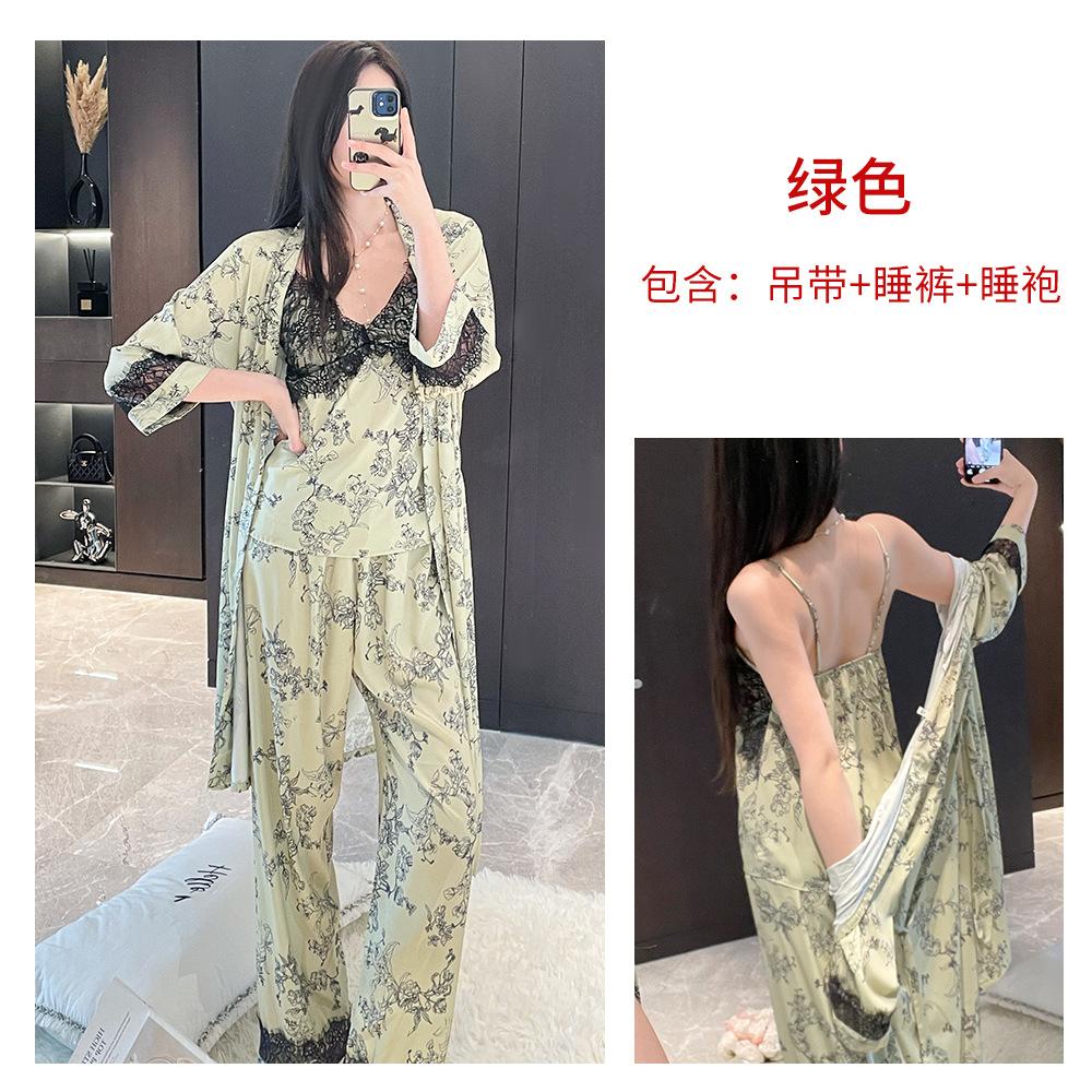 New Chinese retro dark flower ice silk suspender trousers nightgown three-piece set lace with chest pad ice breathable loungewear