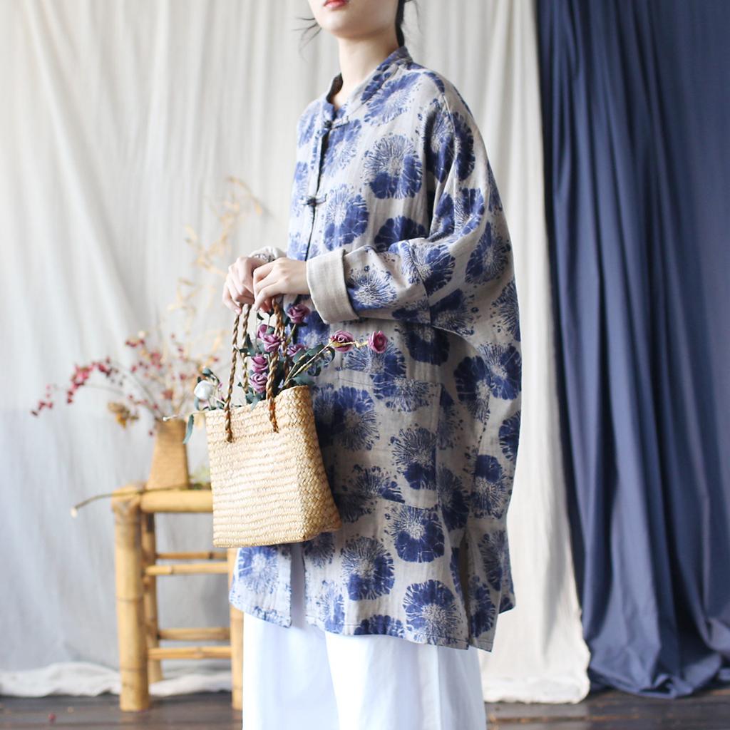 Johnature Women Vintage Bat Sleeve Print Floral Stand Coats Chinese Style Cloths Spring Loose Coats