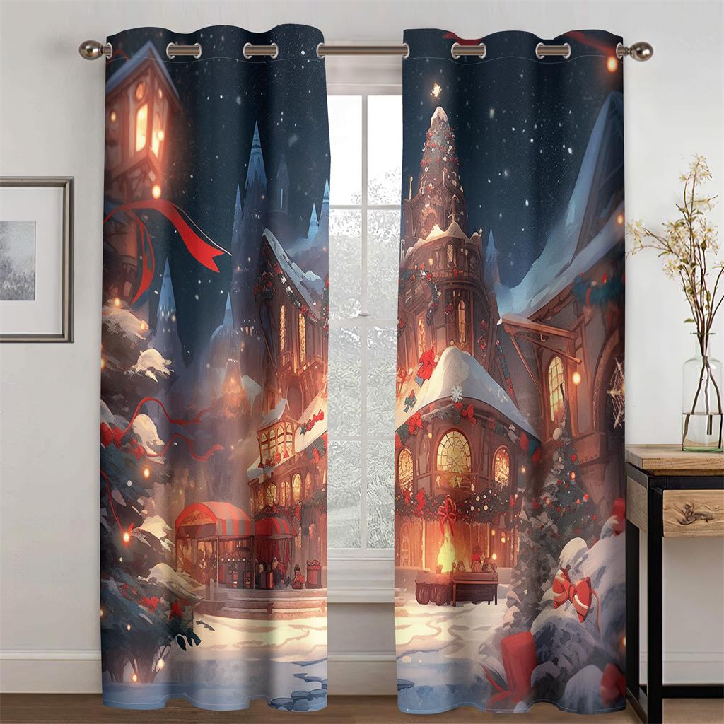 Cartoon Forest Christmas Cottage Curtains Fine Christmas Tree Fit Children's Room Living Room Bedroom Kitchen 2 Pcs