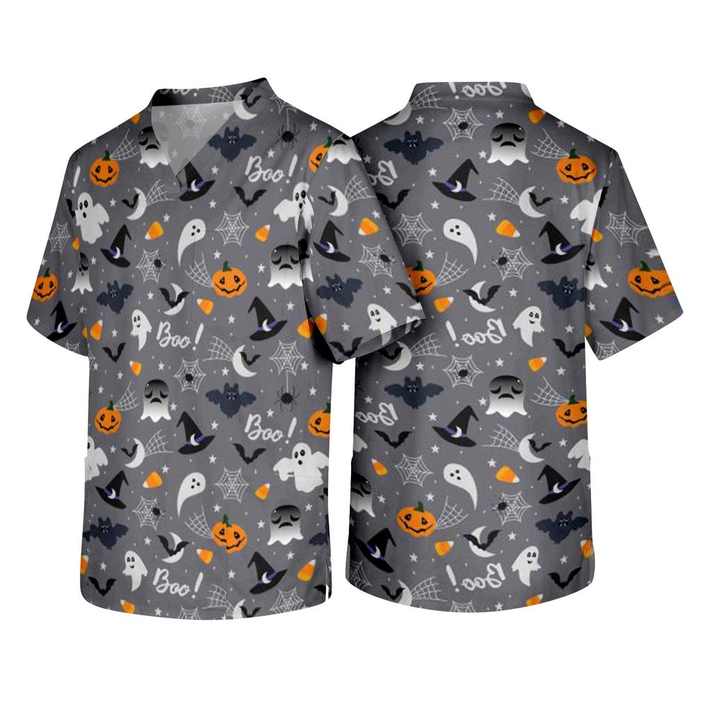 Men's Short Sleeve V Neck Halloween Print Medical Scrub Top with Chest Pocket and Two Lower Pockets Suitable for Healthcare Professionals