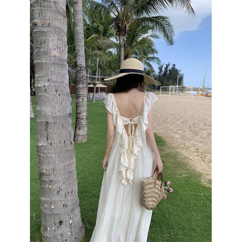 French halter lotus leaf streamer suspender dress women's summer vacation style sexy gentle lazy skirt