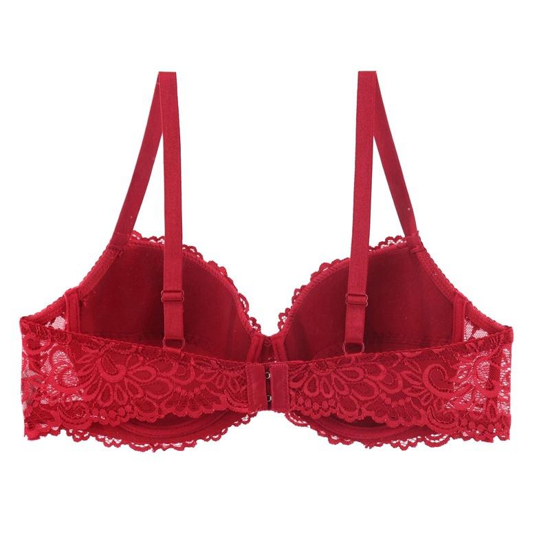 Large size full cup upper support gathered bra European and American style lace edge rear double breasted bra comfortable bow underwear