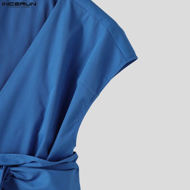 INCERUN Men Sleeveless Lapel Button Up Belt Ruffled Loose Casual Long Waistcoats