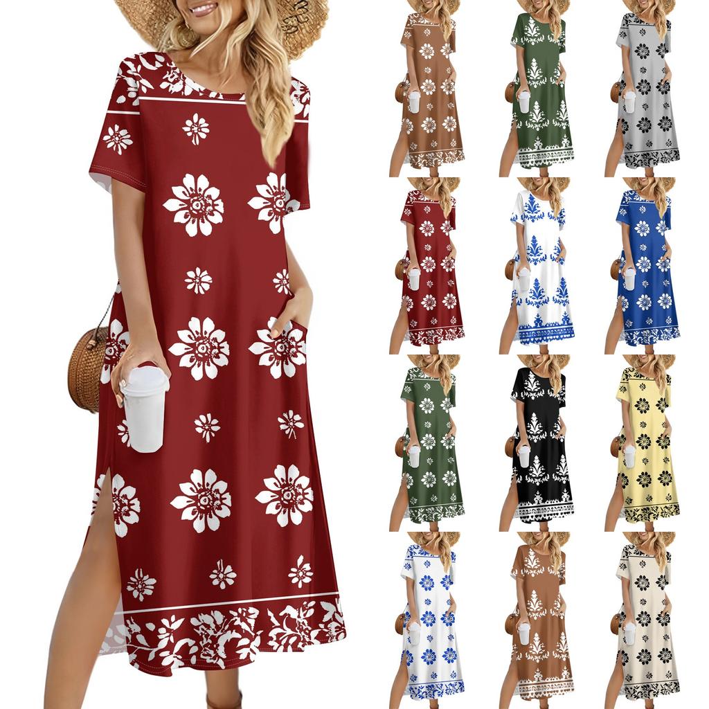 Ladies' Fashionable Summer Retro Color Block Patchwork Printed Dress, Casual Beach Dress, Slender Vacation Dress