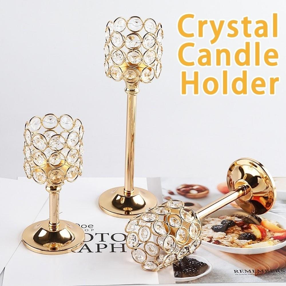 Retro Golden Candle Holder Crystal Metal Tea Stand Lamp Candlestick European Style