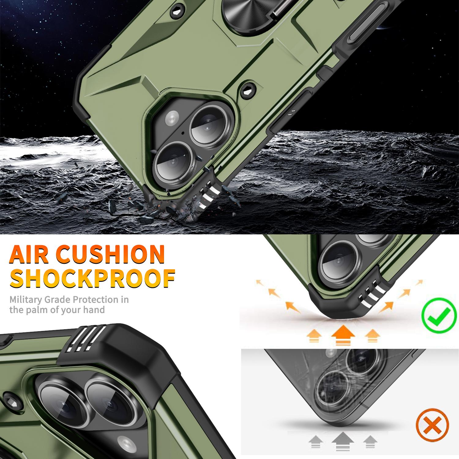 

For iPhone 16 Case PC+ TPU Anti-Drop Phone Cover with Ring Kickstand Blue