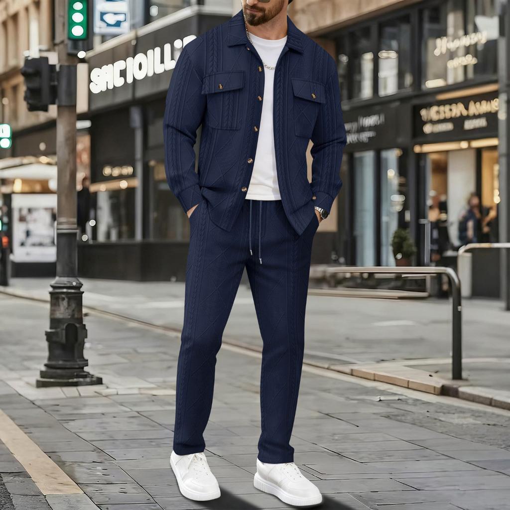 Men's Double Pocket Lapel Jacket Casual Sports Long Sleeve Jacket Pants Set