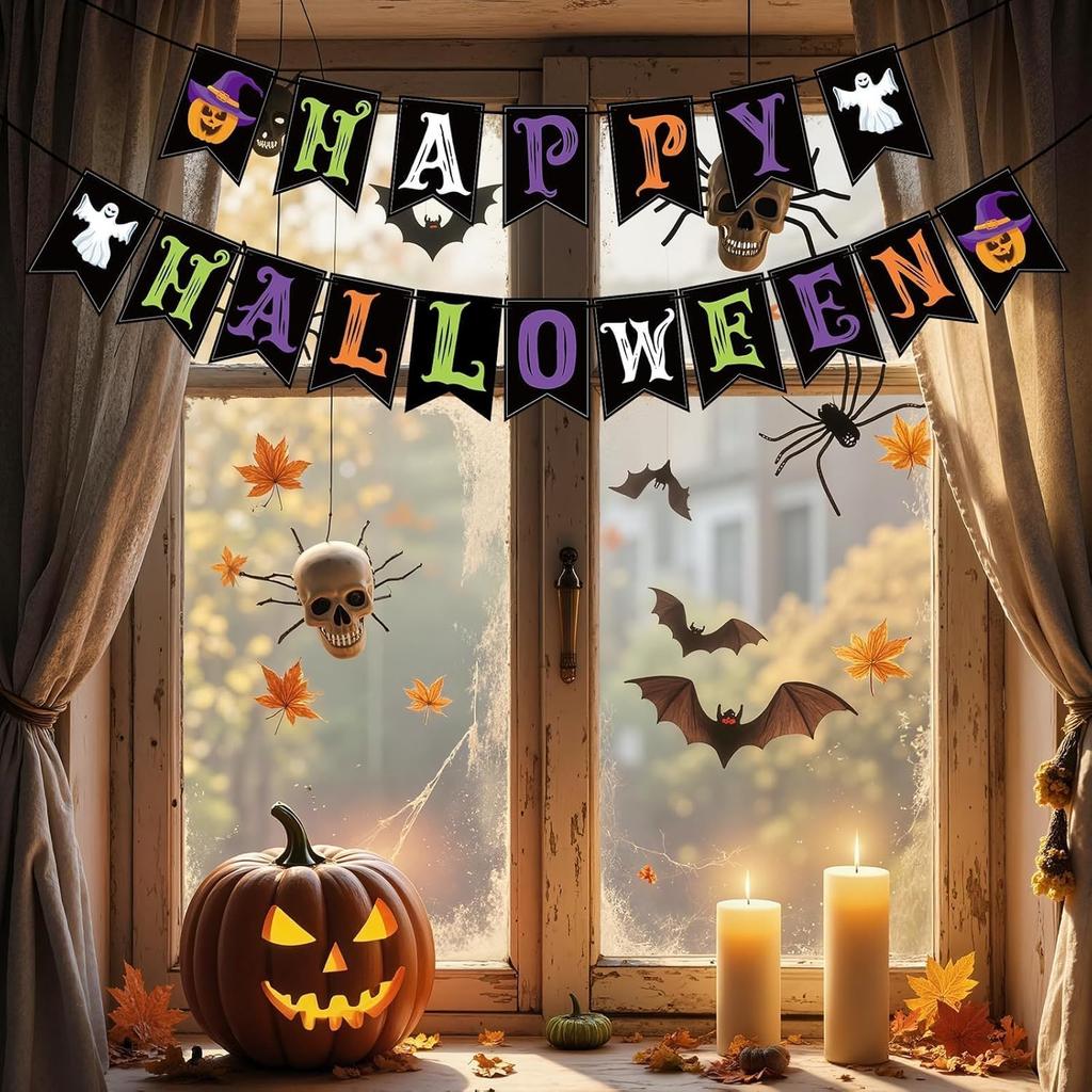 Halloween Decorations Indoor for Party, Happy Halloween Banner Decor, Scary Hanging Banner with Pumpkin Ghost Decorations for Office Home Room Mantel