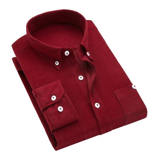 Men Slim Fit Corduroy Shirt Lapel Long Sleeve Shirt Tops Solid Color Pockets Casual Shirt Office Workwear
