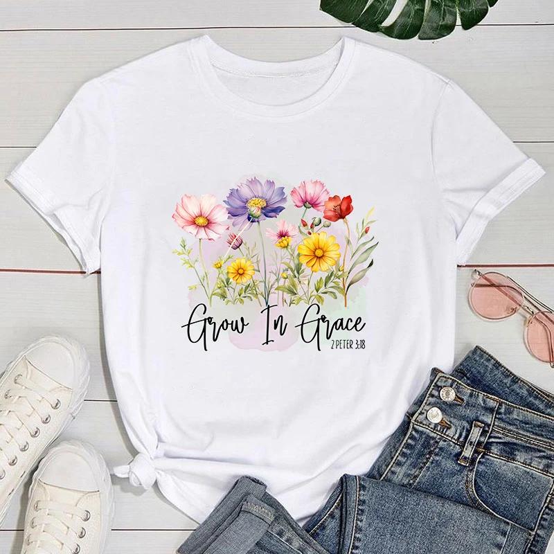 Funny Flowers Grow In Grace Letter Printing T-Shirts For Women Summer Tee Shirt Femme Casual Short Sleeve