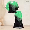Women Plus Size Two Piece Skirt Set Round Neck Batwing Sleeve Printed Green Black Ruffle Hem Top Fishtail Skirt