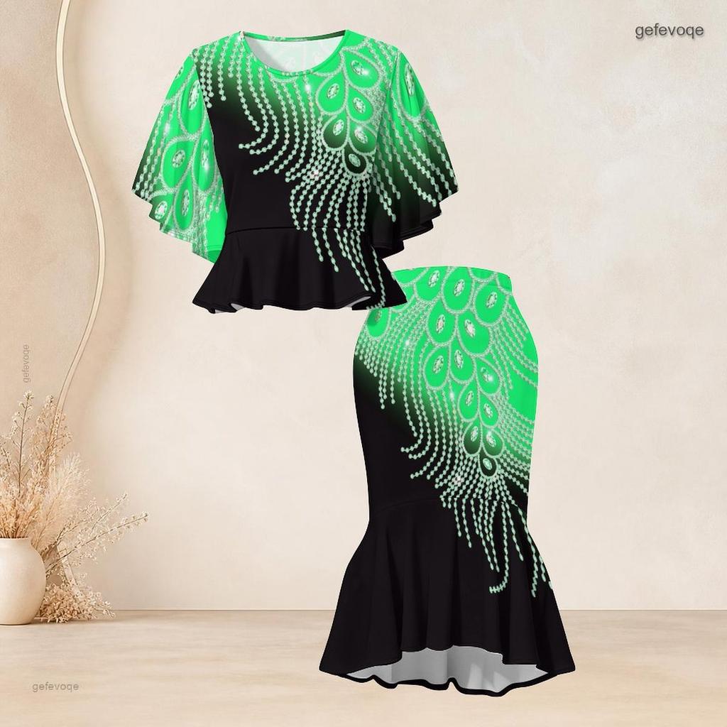Women Plus Size Two Piece Skirt Set Round Neck Batwing Sleeve Printed Green Black Ruffle Hem Top Fishtail Skirt