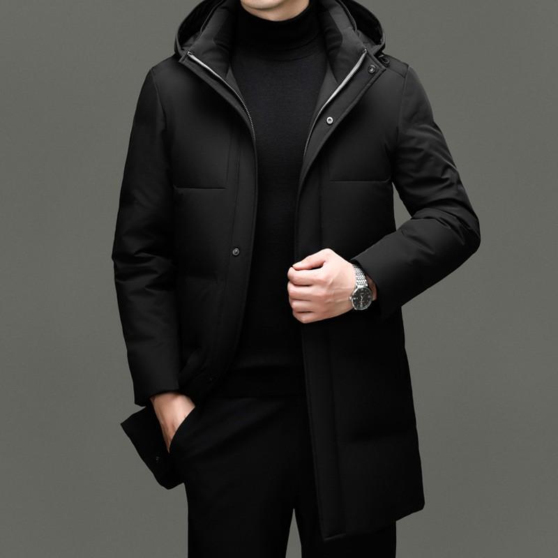 Mens Long Down Coat With Detachable Hood 90% White Duck Winter Warm Outerwear Daily Wear