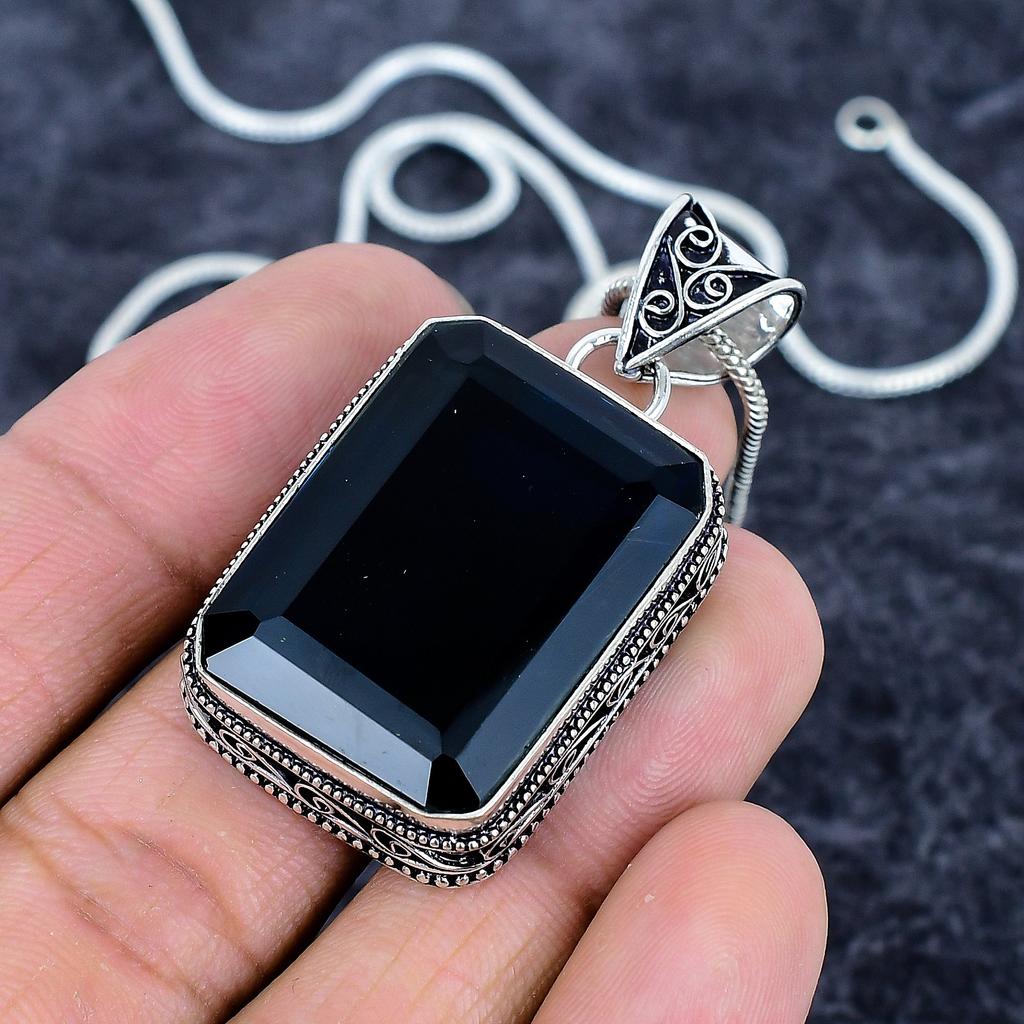 Black Spinel Gemstone Handmade 925 Sterling Silver Jewelry Pendant 1.97" M-3229