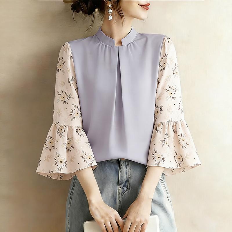 ZANZEA Women Casual Floral Print Splice 3/4 Sleeve Loose Blouse