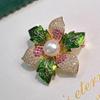Elegant Colorful Bauhinia Flower Brooches for Women Luxury Pearl Rhinestone Enamel Green Leaves Corsage Accessories Wedding Pin