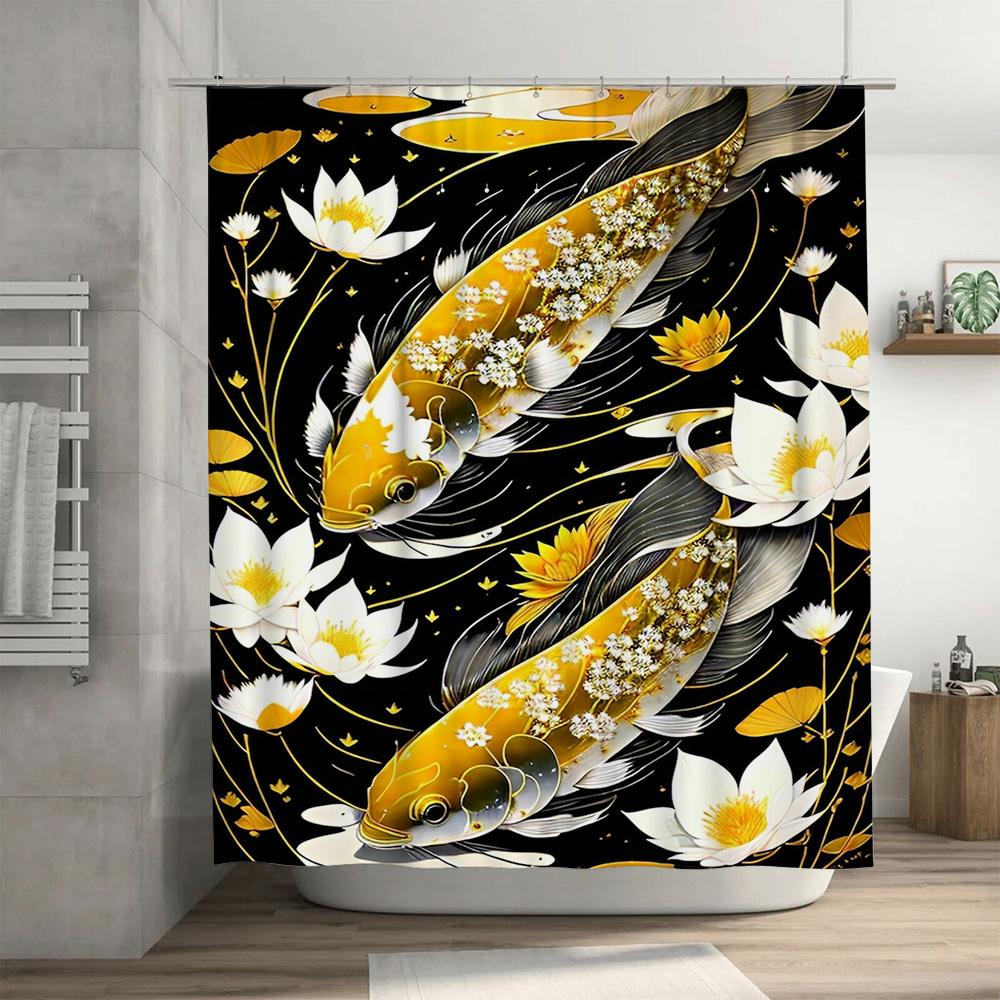Golden Fish Bath Mat Shower Curtain with Lotus Flower Printing Waterproof for Home Decor Bathroom Accessories