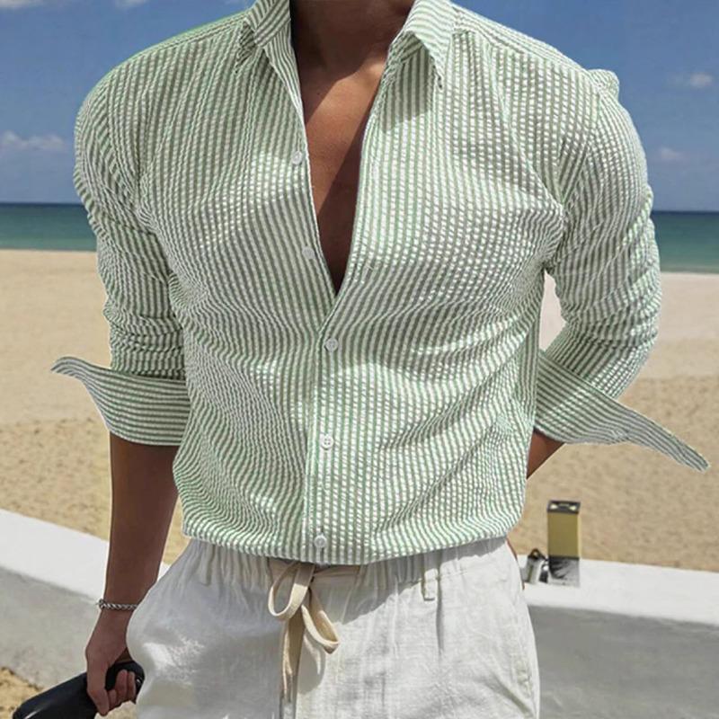 Camisa de Hombre de Seersucker Rayado con Botones Manga Larga Casual Transpirable Verano Playa Oficina Diaria