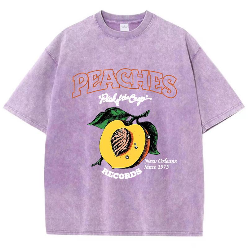 Casual Womens Acid Wash T-Shirts Peaches Records Printing Tees Distressed Oversize Cotton Short Sleeve Female Clothes