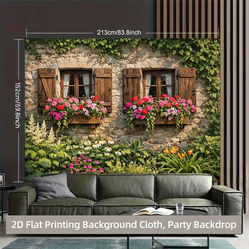 2D Vintage Ivy Wall Backdrop, Countryside Window with Flowers Party Background