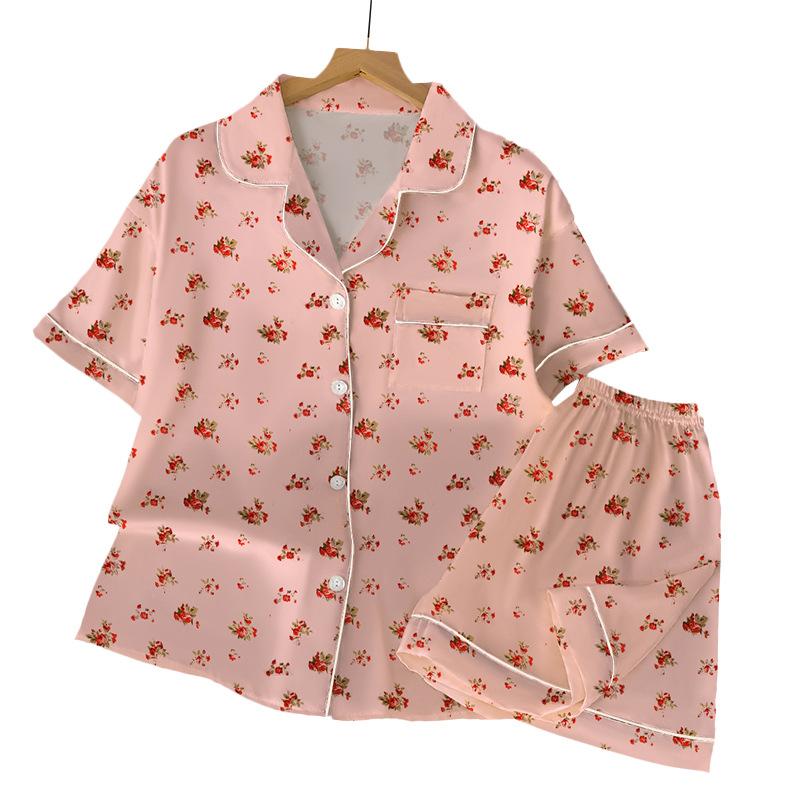 Sweet Girl Pink Small Floral Pajamas Women'S Summer Ice Silk High-Value Short-Sleeved Silk Loungewear Suit