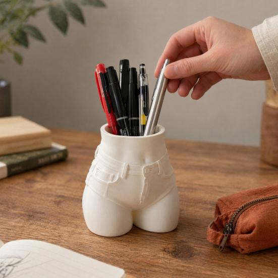 Butt Pen Holder, 3D Printed Female Form Pencil Cup, Body Art Booty Shaped White Desk Organizer for Home Office Supplies