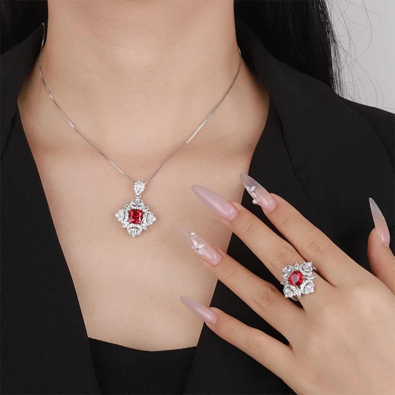 Elegant Crystal Embellished Flower Ring and Necklace with Adjustable Ring Size for Women Available In Blue Green Red Colors