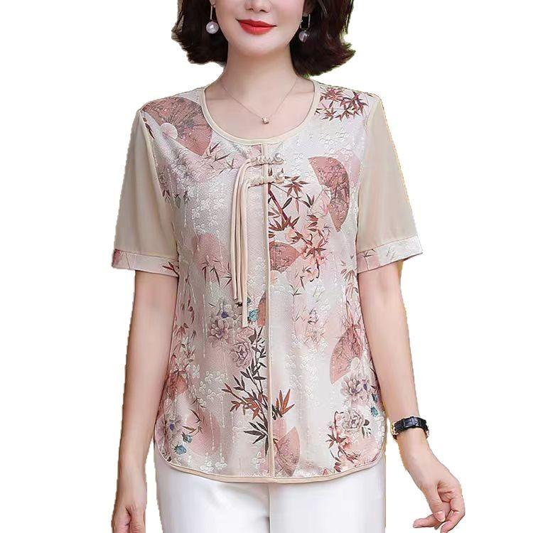 Summer short-sleeved T-shirt top 2025 new 50-year-old women's new Chinese national style shirt