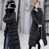 Winter New Lace-up Long Cotton-padded Clothes for Women Over the Knee Thickened Warm Hooded Solid Color Large Fur Collar Down Cotton Clothes