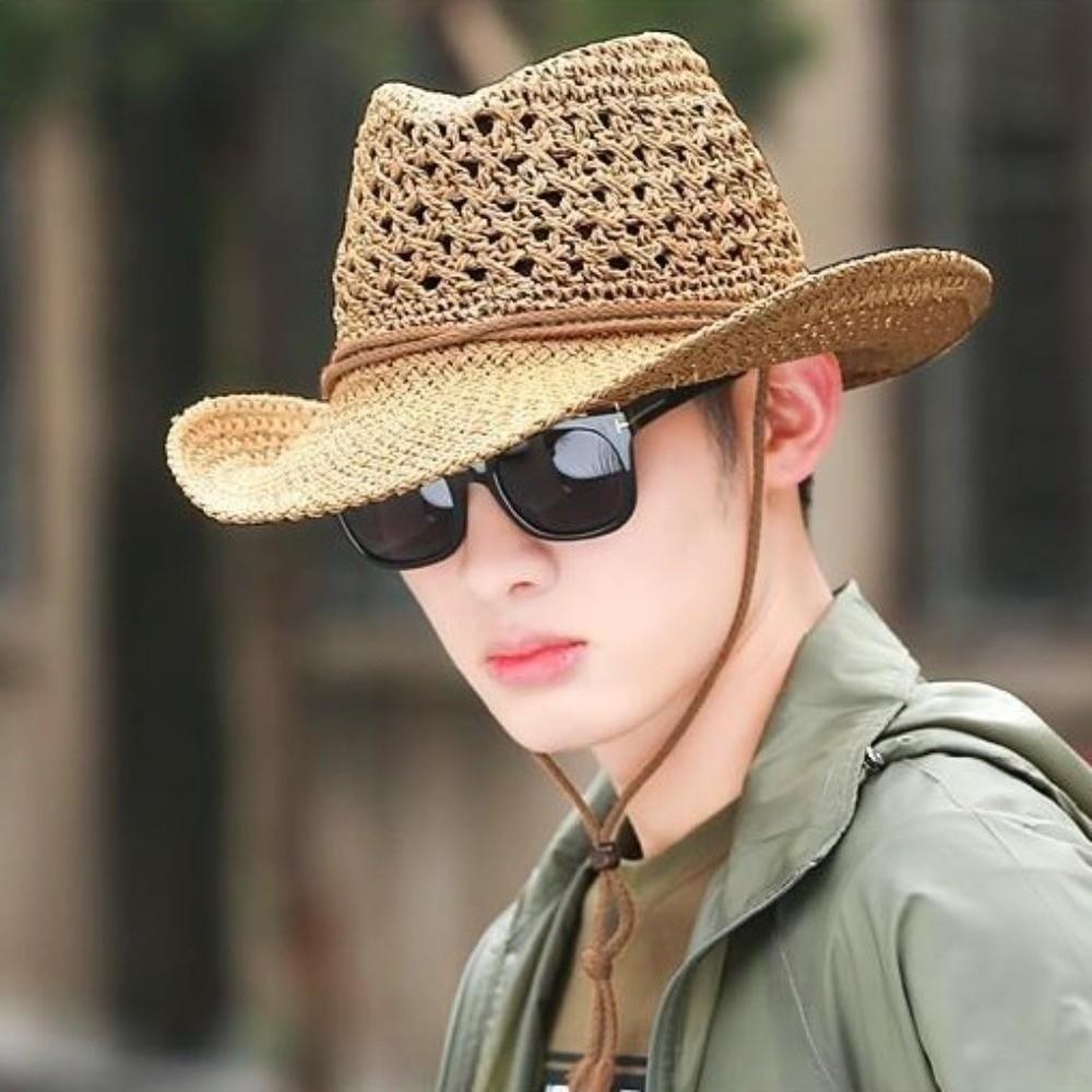 Wide Brim Sunscreen Straw Hat Solid Color Fisherman Hat Retro Western Cowboy Hat  Girl