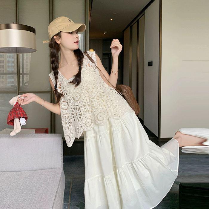 Trendy White Hollow Camisole Dress Set: Flattering Two-Piece Layered Vest & Dress