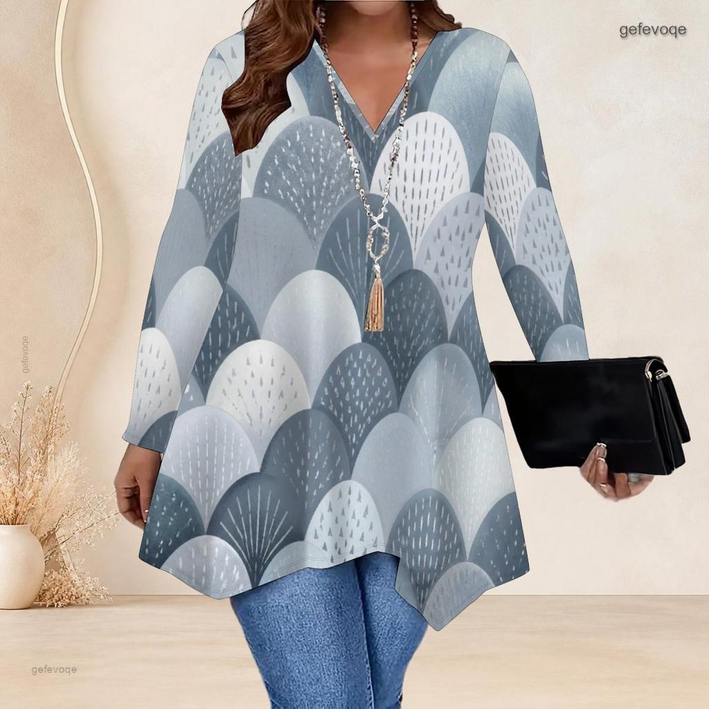 Women Plus Size V Neck Long Sleeve Watercolor Printed Asymmetric Hem Tunic Top