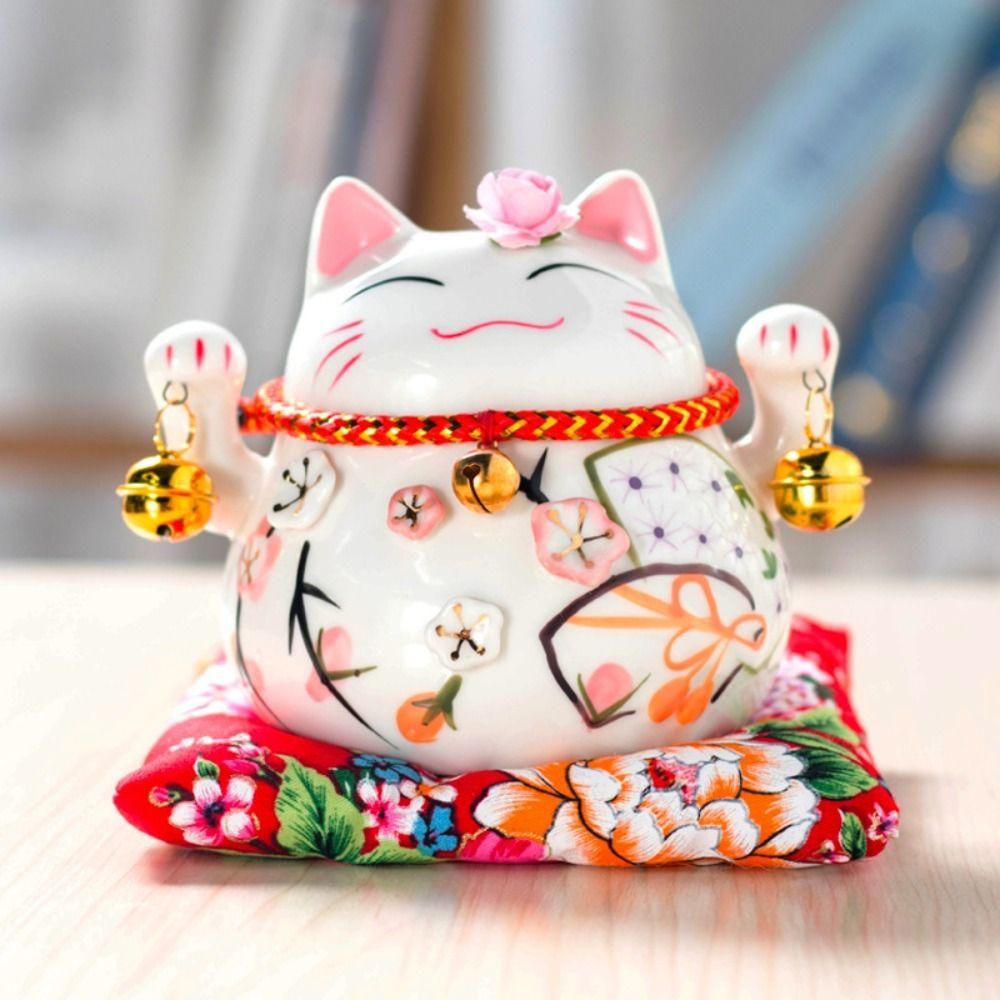 Bell Cat Money Bank Ceramic Desktop Decoration Crafts Fortune Cat Piggy Bank  Office