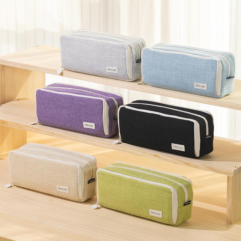 Angoo Linen Type Cloth Pencil Case Pen Bag 3 Compartments Storage Pouch Organizer for Stationery