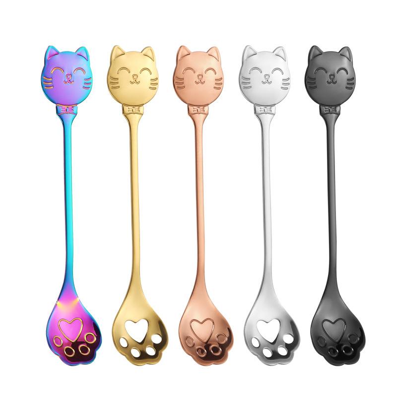Creative Cat Stainless Steel Coffee Spoon Cute Paw Stirring Spoon Cake Ice Cream Hollow Dessert Spoon Gift
