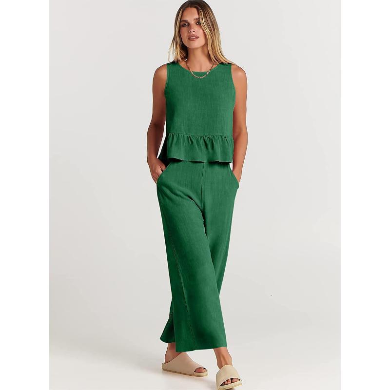 Women's Summer 2 Piece Outfits Sleeveless Pleated Ruffle Tank Top Wide Leg Cropped Pants Casual Loose Linen Matching Set with Pockets