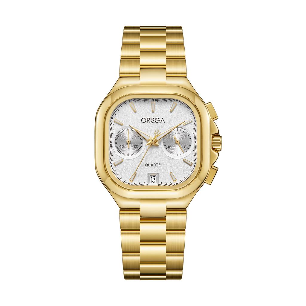 Women's S Elegant Dress Watch with Golden Stainless Steel Band Square Green Dial Waterproof Quartz Wristwatch with Luminous Hand