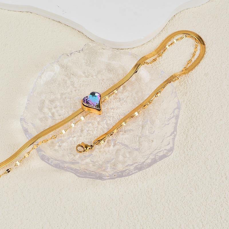 Collier double couche en titane et acier, pendentif en cristal d'amour, chaîne de clavicule en acier inoxydable