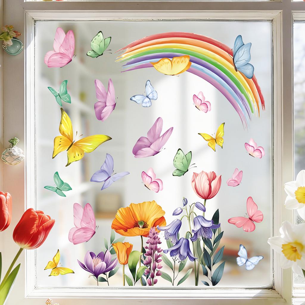 Static Cling Window Stickers Creative Rainbow Flowers and Butterflies for Kitchen Bedroom Living Room Bathroom Glass Decor