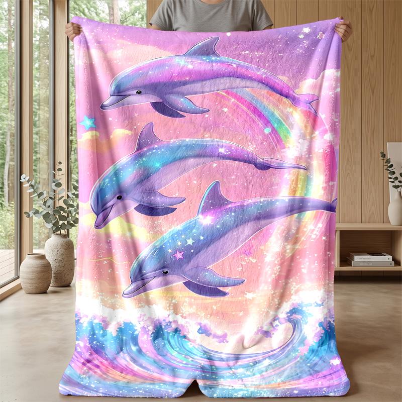 Galactic Dolphins Rainbow Wave Theme Blanket Lightweight Warm Flannel Blanket Decorative Throw Blanket for Home Decoration