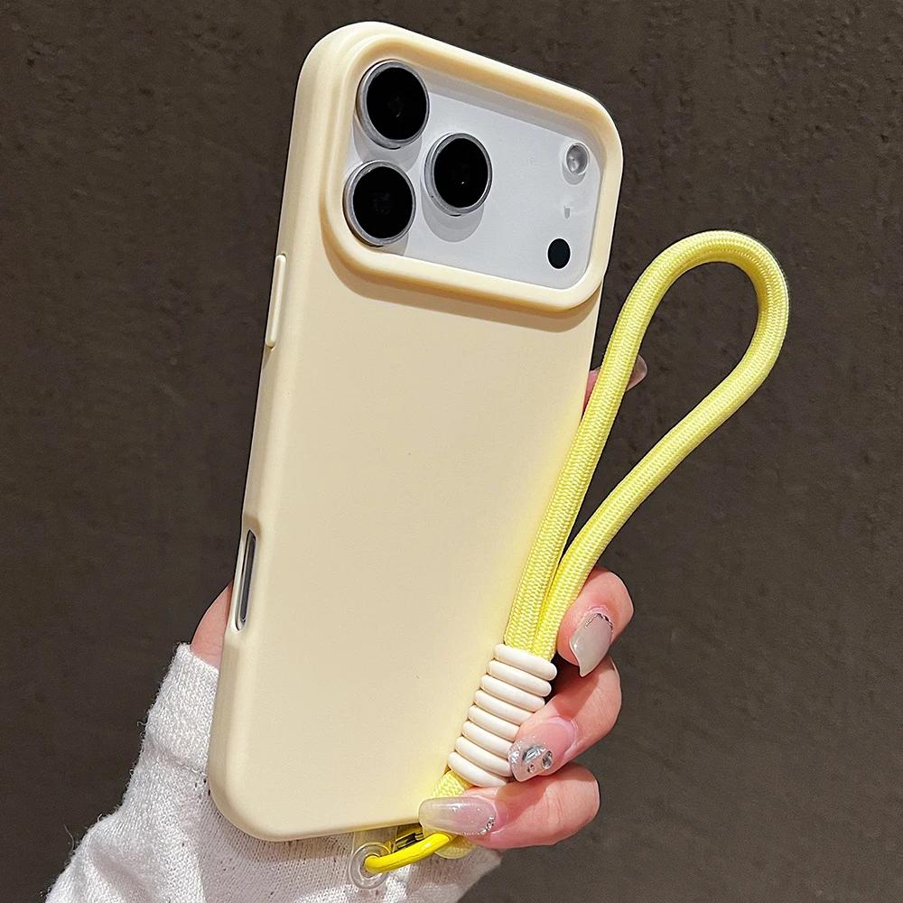 Candy Color Matte Wrist Strap Phone Case For 17 16 Pro Max 15 14 13 12 11 Air Plus Colorful Lanyard Shockproof Soft Cover